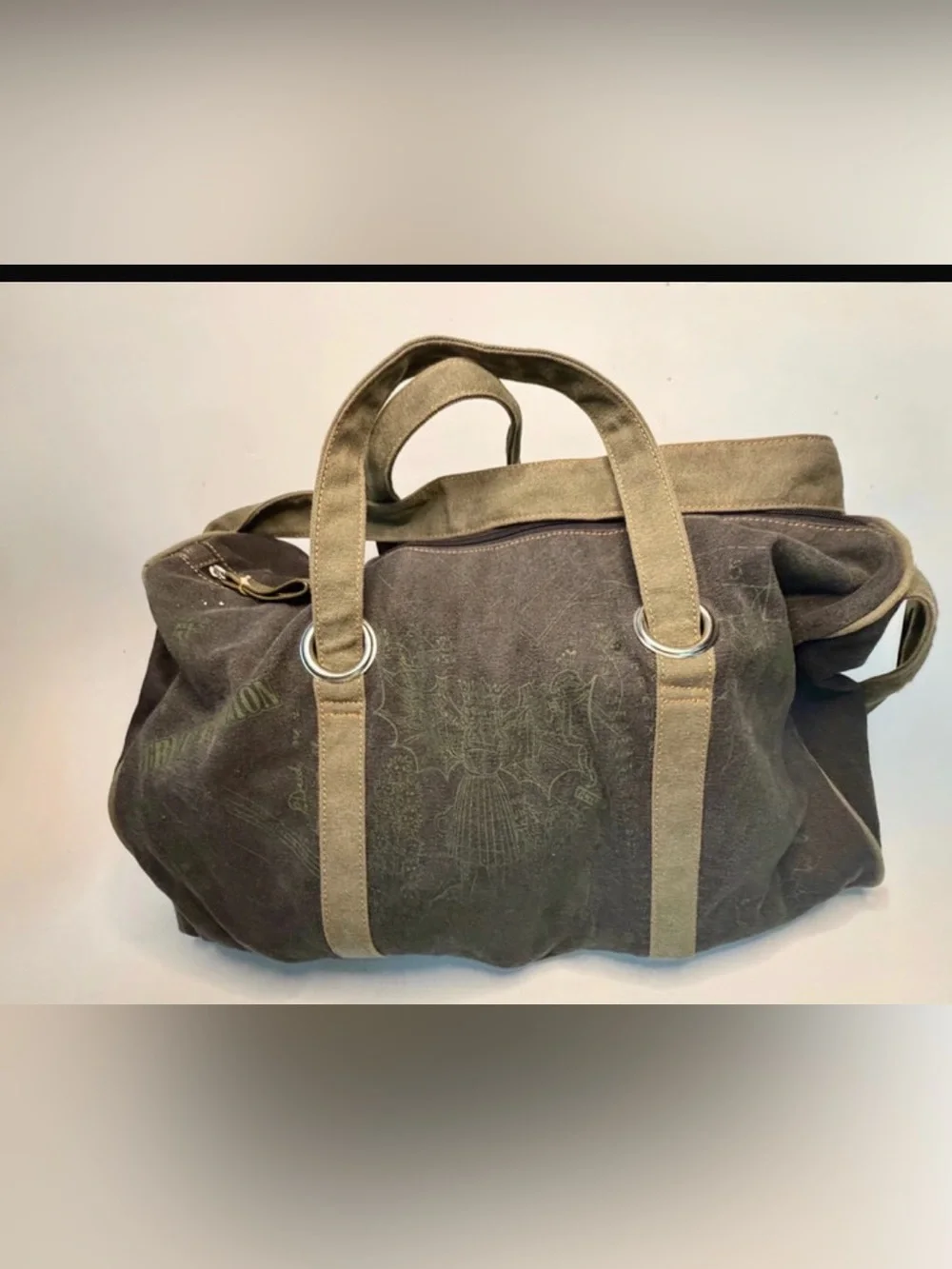 Vtg True Religion Mens TR Canvas Duffle Bag Tan OD Green 20x18x10 like new